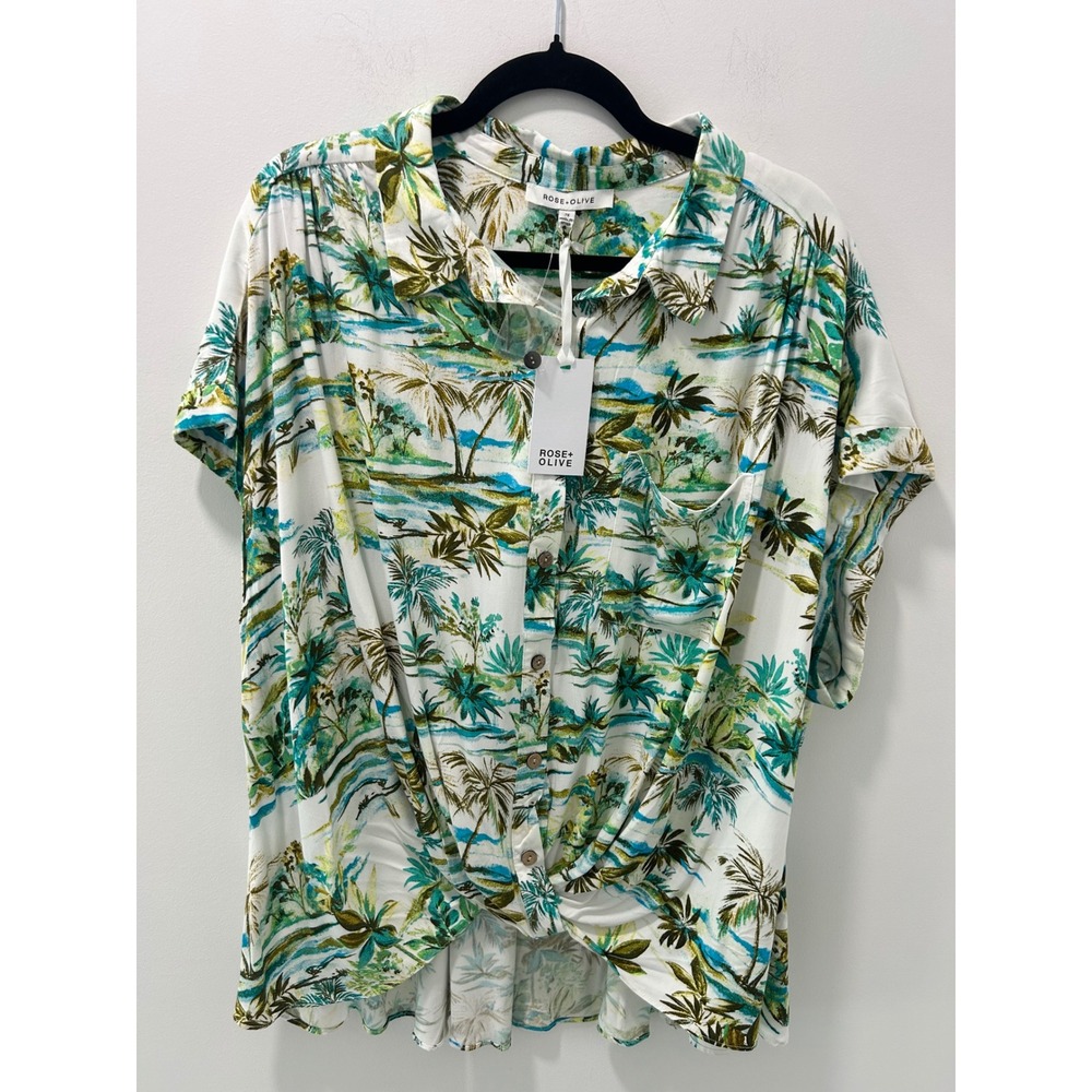 Rose + Olive Tropical Palm Print Twist Front Button Up Rayon Top Womens 2X NEW